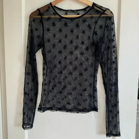 Zara Long Sleeve Stars Overlay Mesh Shirt - Picture 4 of 6